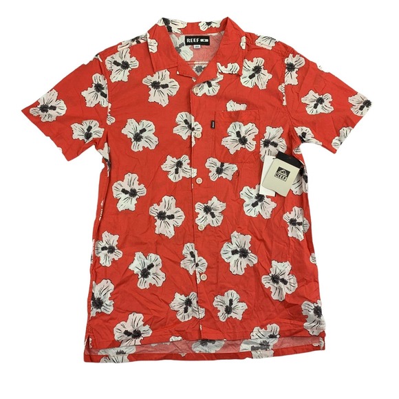 REEF Mens Townley Woven Floral Short Sleeve Button Down Shirt Red S - Picture 1 of 4
